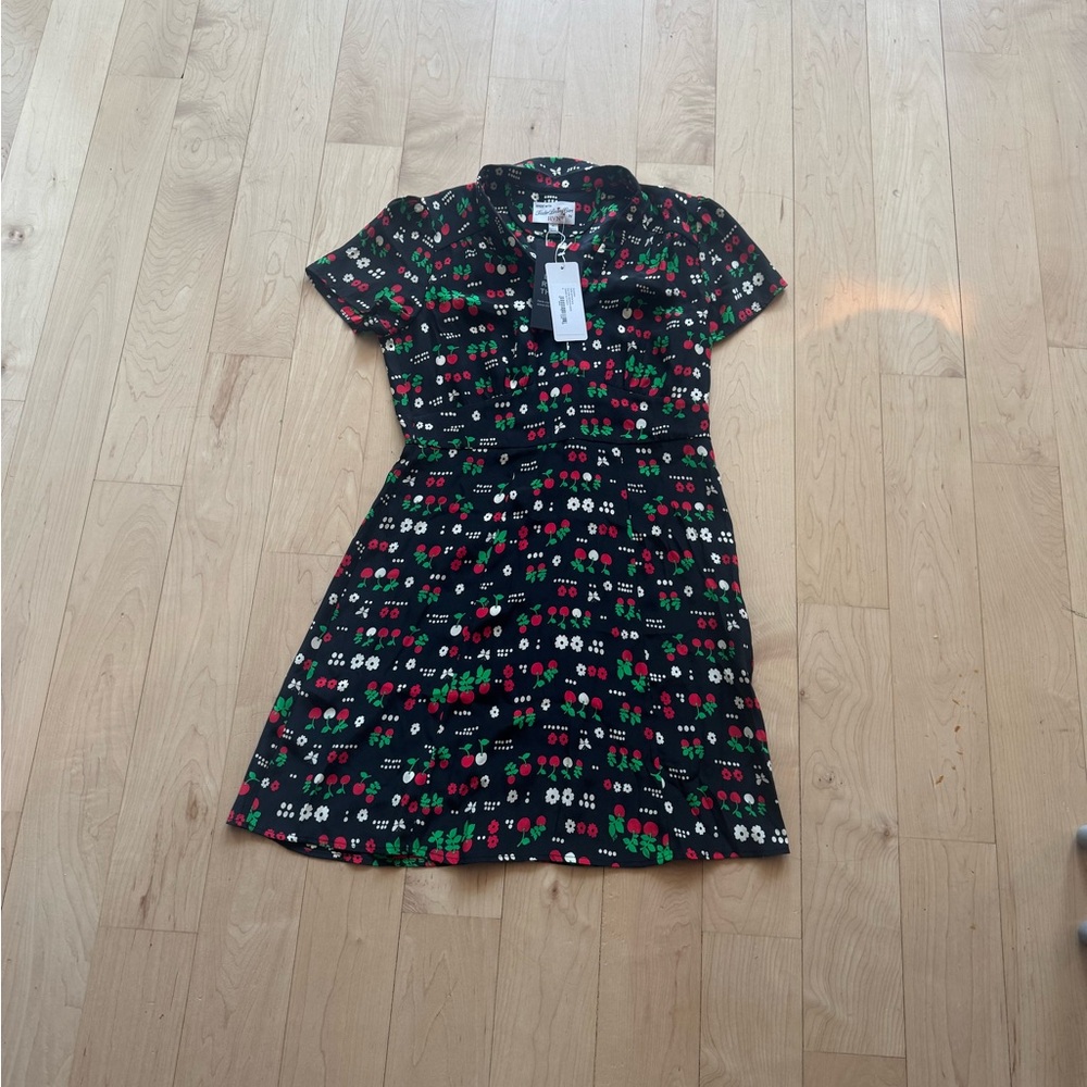 Black Cherry-Print Short-Sleeve Mini Dress